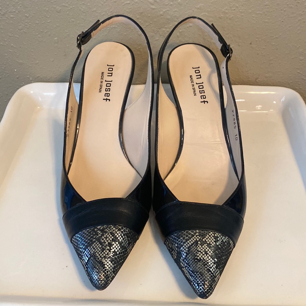 Jon Josef Black Patent Leather Slingbacks with Silver Metallic Snake Toe